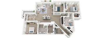 A 3D floor plan of a house with dimensions of each room.