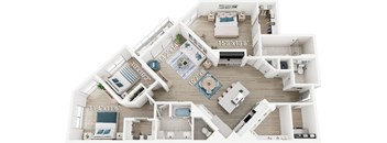 A floor plan of a house with a living room, kitchen, and two bedrooms.