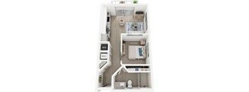 A floor plan of a small apartment with a kitchen, living room, and bathroom.