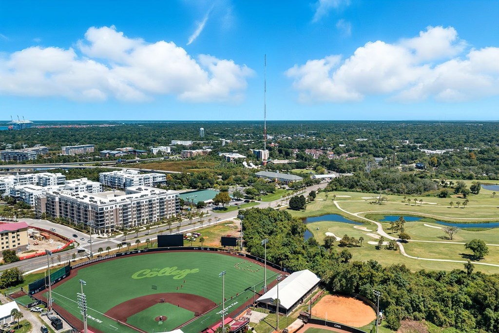 Aerial photo of Legacy Patriots Point, College of Charleston Baseball Stadium, and golf course