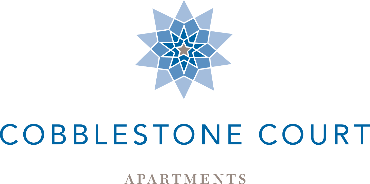 A graphic for Cobblestone Court Apartments features a blue star with a circle in the middle.