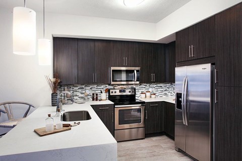 A modern kitchen with dark wood cabinets and stainless steel appliances.