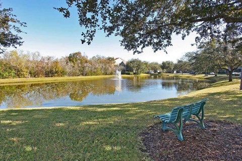 Scenic setting with lake and fountains