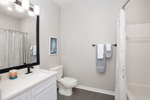 bathrooms with quartz countertops, framed mirrors and bathtub/shower (Legacy Series)