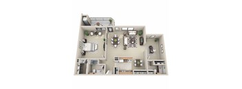 A 3D floor plan of a house with a kitchen, living room, dining room, and bathrooms.