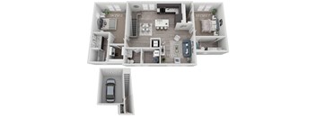 A 3D floor plan of a house with a car garage.