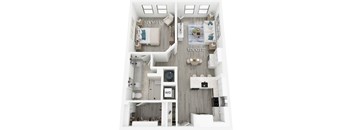 A floor plan of a small apartment with a bedroom, living room, kitchen, and bathroom.