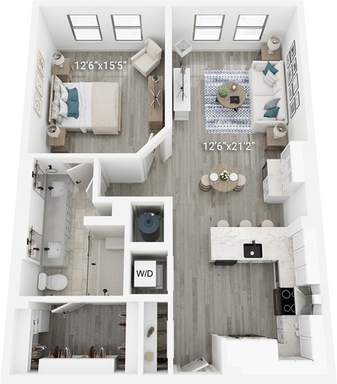 A floor plan of a small apartment with a bedroom, living room, kitchen, and bathroom.