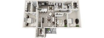 A top-down view of a house layout with a living room, kitchen, and two bedrooms.
