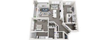 A top-down view of a modern, open-plan apartment with a kitchen, living room, and bedroom.