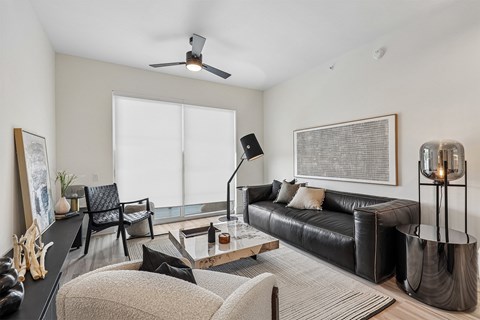 A living room with a black leather couch and a grey rug.