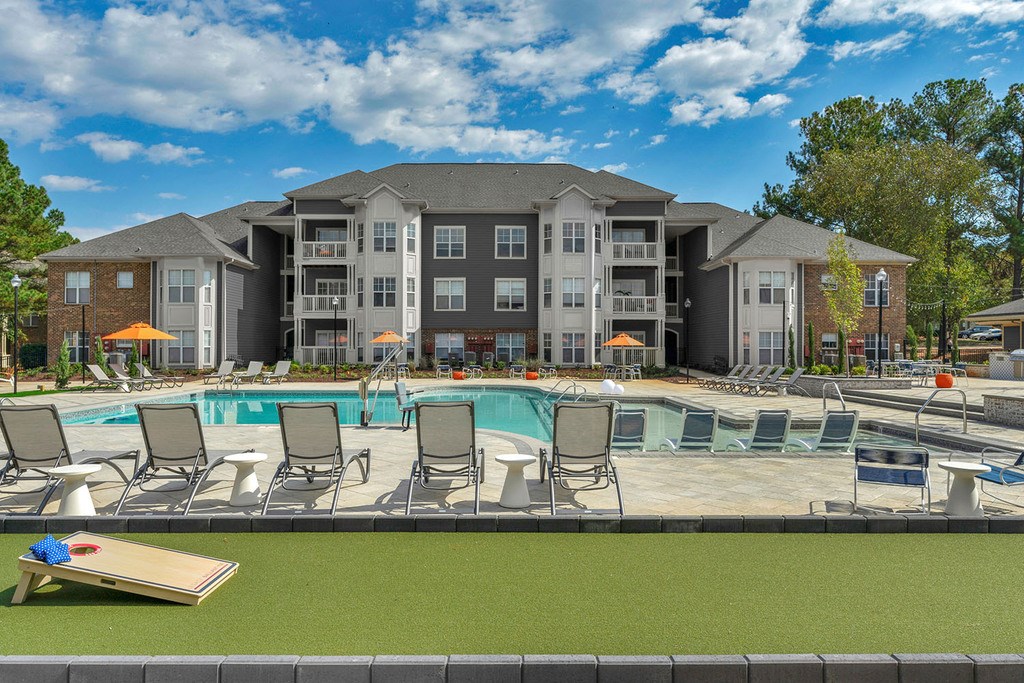 Saltwater pool and outdoor entertaining lounge with cornhole