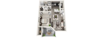 A floor plan of a home with a living room, dining room, kitchen, and two bedrooms.