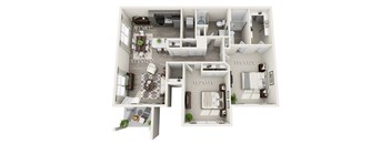 A floor plan of a house with a living room, kitchen, and two bedrooms.