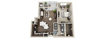 A 3D floor plan of a house with a kitchen, living room, and bathroom.