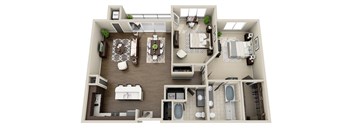 A 3D rendered image of a house layout.