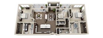A top-down view of a house layout with a kitchen, living room, dining room, and bathrooms.
