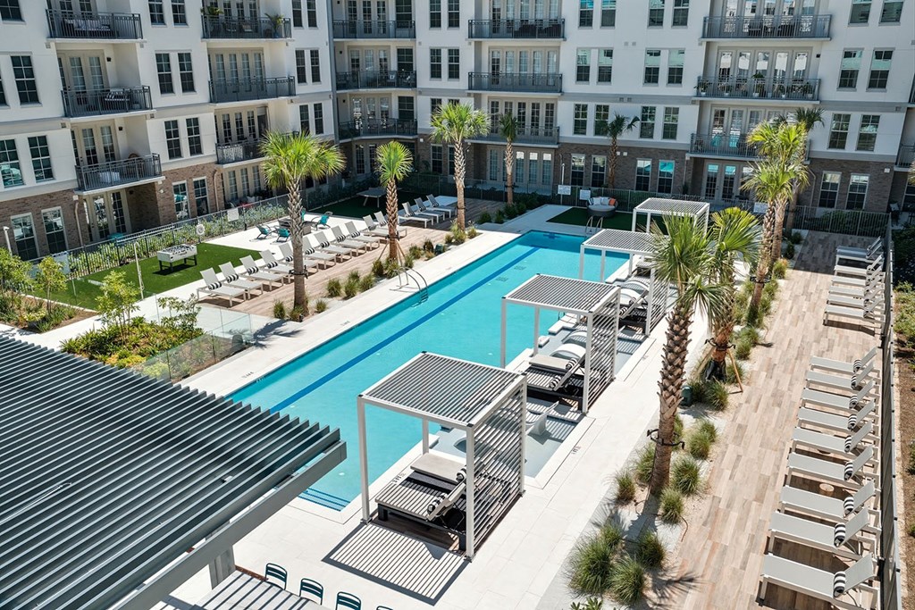 Aerial view of infinity-edge saltwater pool with wet deck lounge, cabanas, lounge chairs and day beds