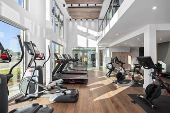 A gym with treadmills, elliptical machines and other exercise equipment.