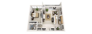 A 3D floor plan of a small apartment with a kitchen, living room, and bathroom.