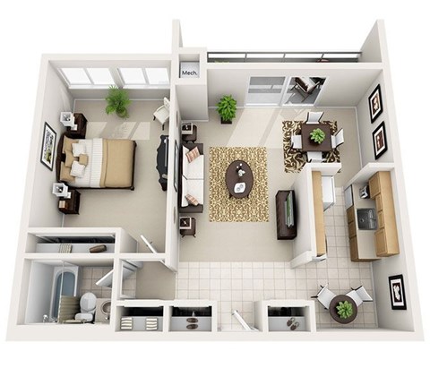 A 3D floor plan of a small apartment with a kitchen, living room, and bathroom.