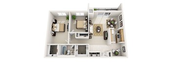 A 3D floor plan of a small apartment with two bedrooms, a living room, and a kitchen.