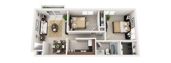 A floor plan of a small apartment with a kitchen, living room, and bathroom.