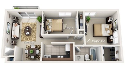 A floor plan of a small apartment with a kitchen, living room, and bathroom.