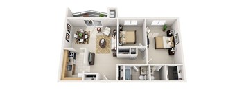A floor plan of a house with a kitchen, living room, dining room, and bathroom.