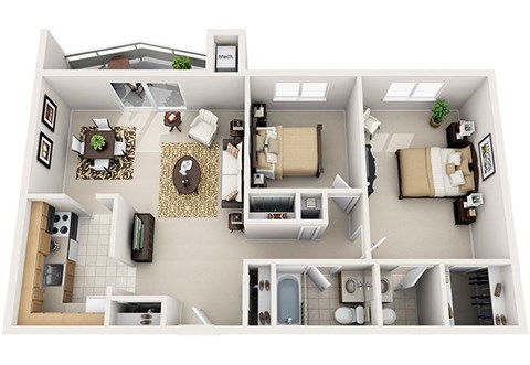 A floor plan of a house with a kitchen, living room, dining room, and bathroom.