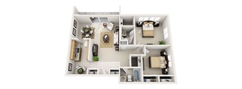 A 3D floor plan of a small apartment with a kitchen, living room, and bathroom.