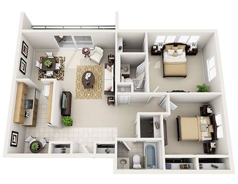 A 3D floor plan of a small apartment with a kitchen, living room, and bathroom.