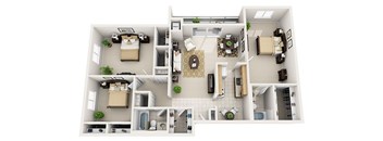 A top-down view of a small apartment with a kitchen, living room, and bedroom.