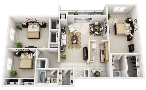 A top-down view of a small apartment with a kitchen, living room, and bedroom.