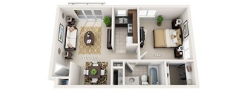 A floor plan of a small apartment with a living room, kitchen, and bathroom.