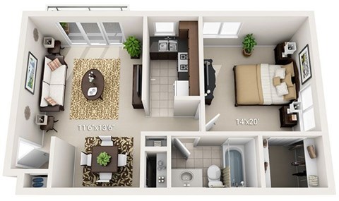 A floor plan of a small apartment with a living room, kitchen, and bathroom.