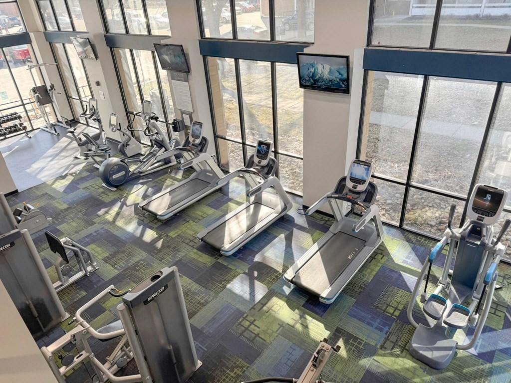 A gym with treadmills, exercise bikes and elliptical machines.
