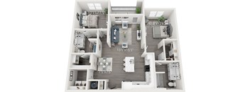 A 3D floor plan of a house with labeled dimensions.