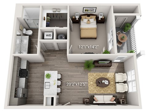 A floor plan of a small apartment with a bedroom, living room, and kitchen.