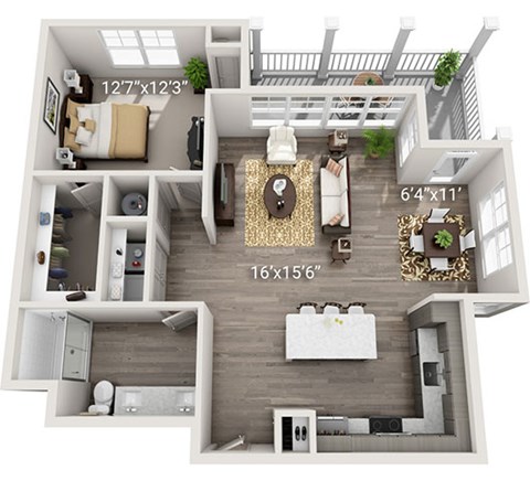 A 16x15 house plan with a living room, dining room, kitchen, and bathroom.