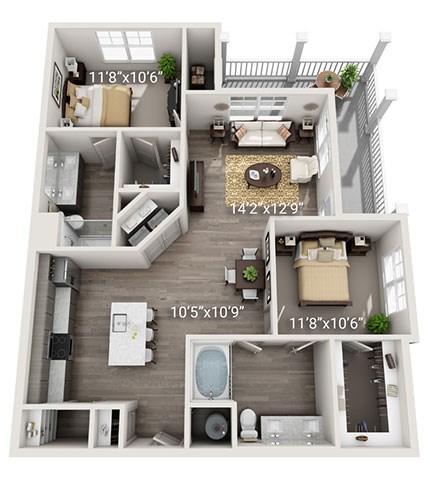 A 14'2"x12'9" bedroom with a 10'5"x10'9" bathroom and a 11'8"x10'6" living room.