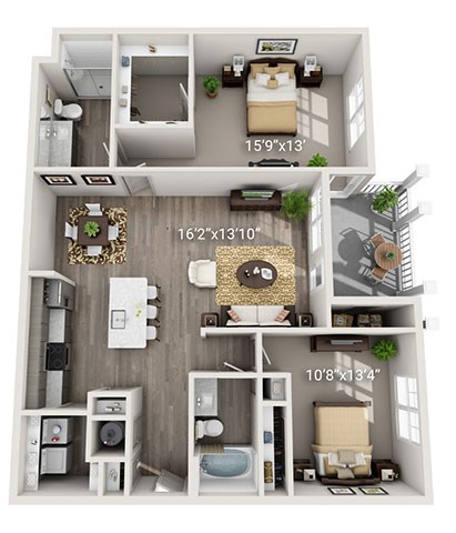 A 3D floor plan of a small apartment with a living room, kitchen, and bedroom.