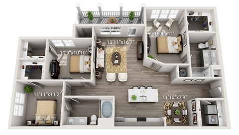 A 3D floor plan of a house with labeled dimensions.