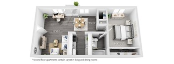 A diagram of a house layout with dimensions and a note about carpeted rooms.