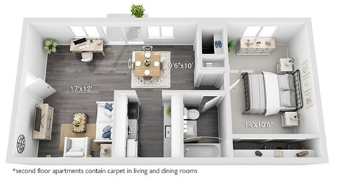A diagram of a house layout with dimensions and a note about carpeted rooms.