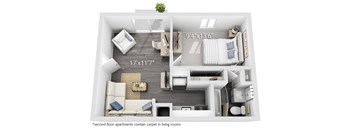 A floor plan of an apartment with two bedrooms, a living room, a kitchen, and a bathroom.