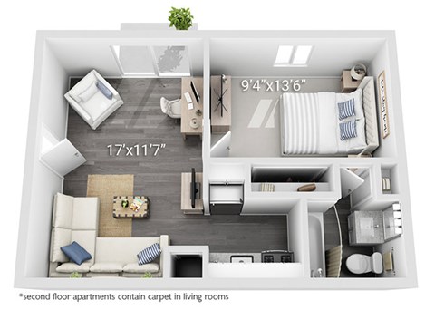 A floor plan of an apartment with two bedrooms, a living room, a kitchen, and a bathroom.