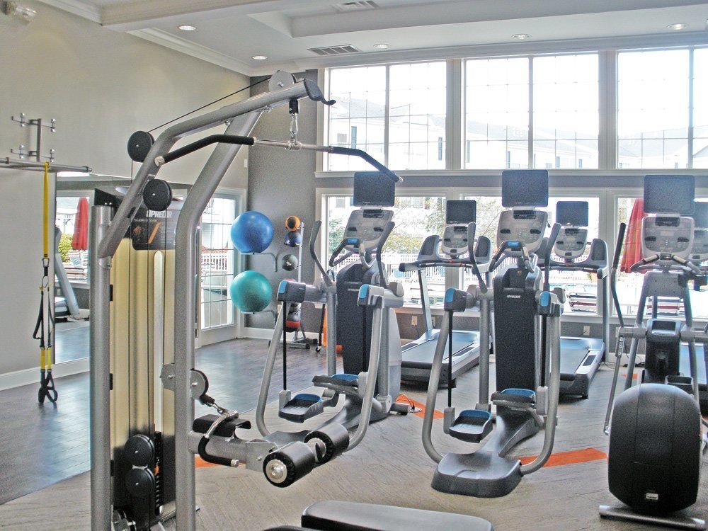 Fitness studio with cardio and weight machines and TRX bands