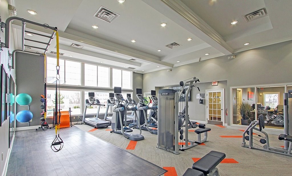 Fitness studio with cardio and weight machines and TRX bands