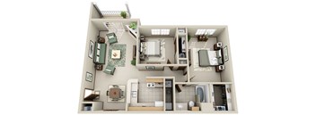 A 3D floor plan of a house with labeled rooms.